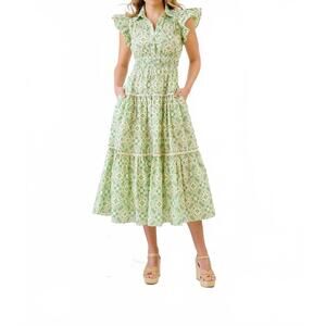 NEW BROOKS AVENUE flutter sleeve midi dress in lagos green